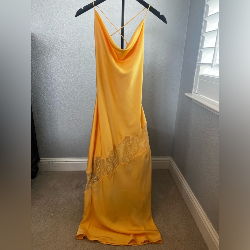 Meshki Yellow Satin Dress with Lace Detail
